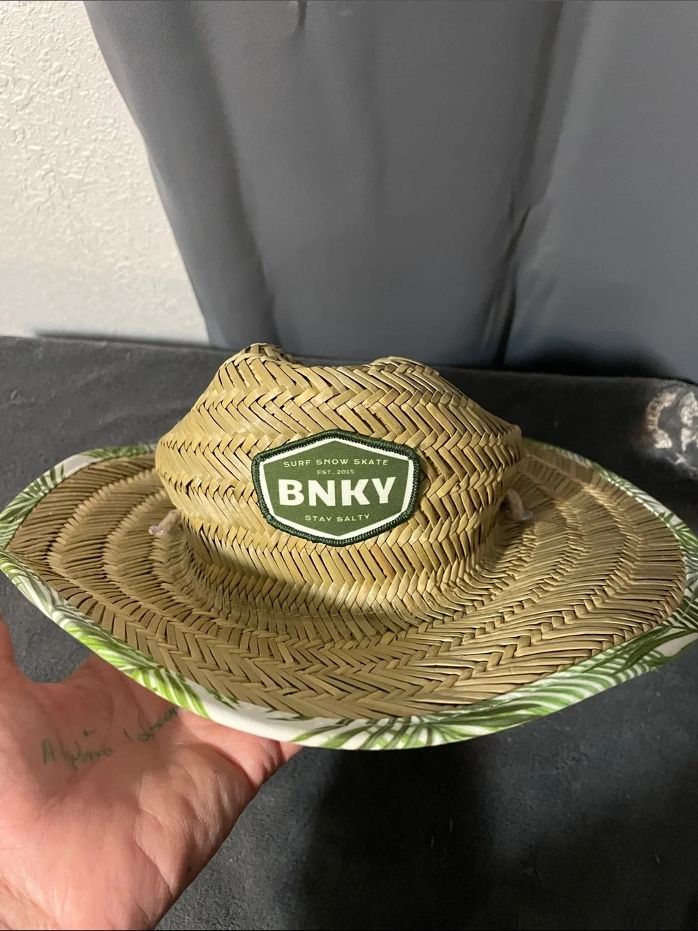 BNKV Natural Straw Kids Sun Hat with Green Leaf Trim